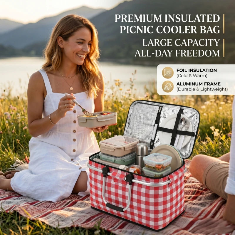 Large Capacity Insulated Picnic Basket Portable Foldable Leak Proof Aluminum Foil Thermal Bag for BBQ Camping Travel Outdoor Peaceful Pleasures Health and Wellness