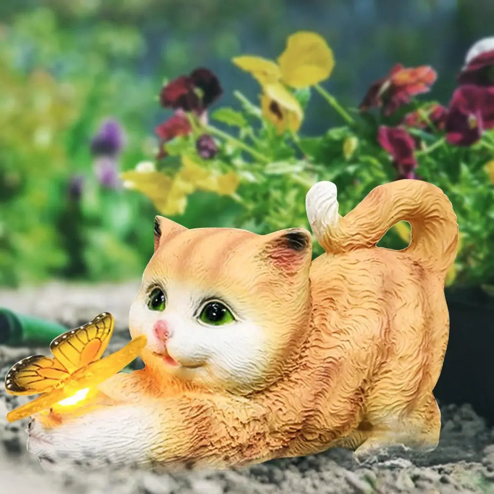Solar Cat Garden Statue with Butterfly Light | Yard Decor