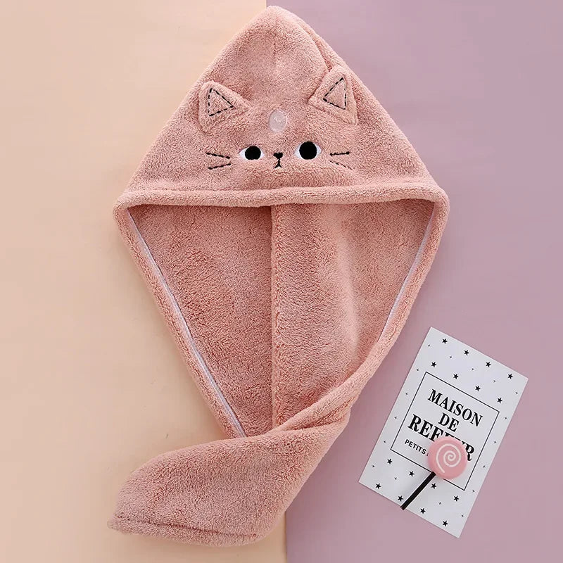 Quick-Dry Microfiber Hair Towel Cap – Cute Cat Turban for Women