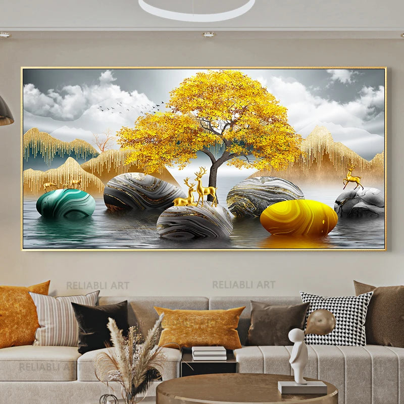 Feng Shui Golden Tree & Deer Canvas Wall Art | Lucky Decor