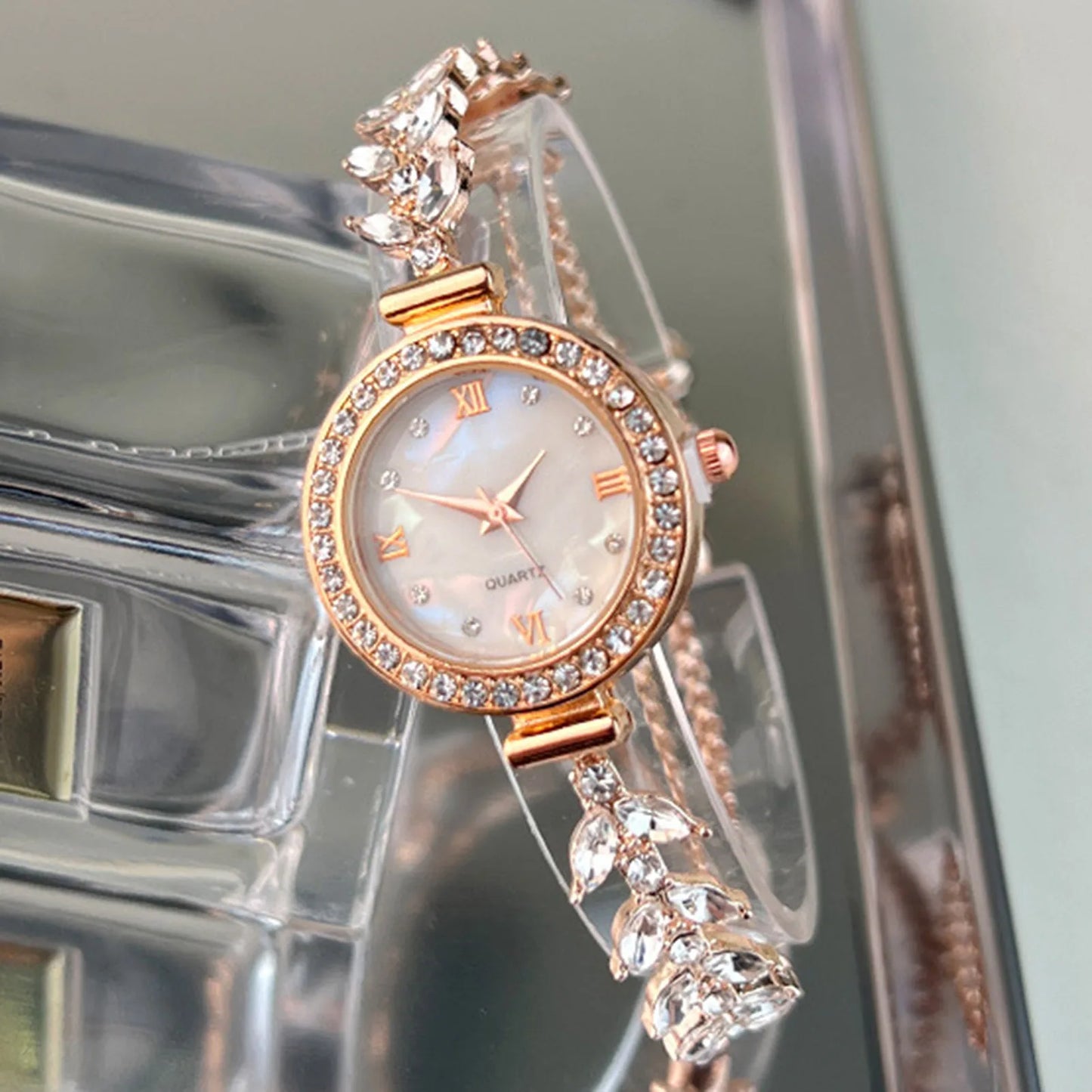 Mermaid Design Diamond Inlaid Bracelet Watch Women Adjustable Strap Quartz Wristwatch Faux Mother of Pearl Golden Ladies Watch Peaceful Pleasures Health and Wellness