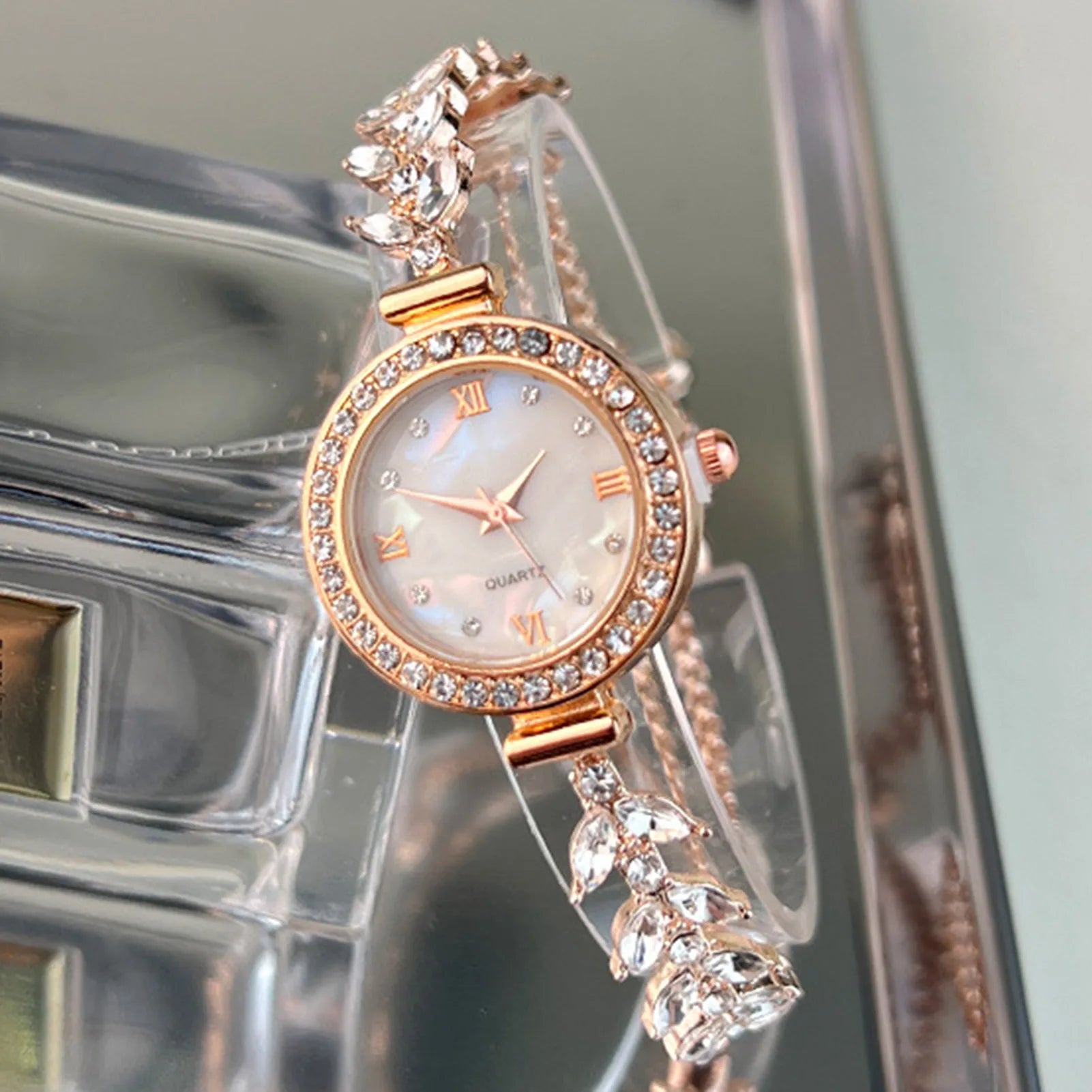 Mermaid Design Diamond Inlaid Bracelet Watch Women Adjustable Strap Quartz Wristwatch Faux Mother of Pearl Golden Ladies Watch Peaceful Pleasures Health and Wellness