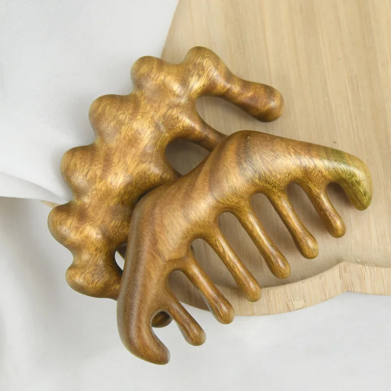 Green Sandalwood Wide Tooth Comb Head Meridian Massage Comb Acupuncture Therapy Blood Circulation Anti-static Smooth Hair Peaceful Pleasures Health and Wellness