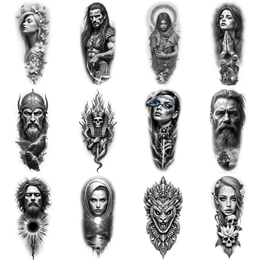 12pcs Realistic Temporary Tattoos – Eagle, Warrior & Bearded Man