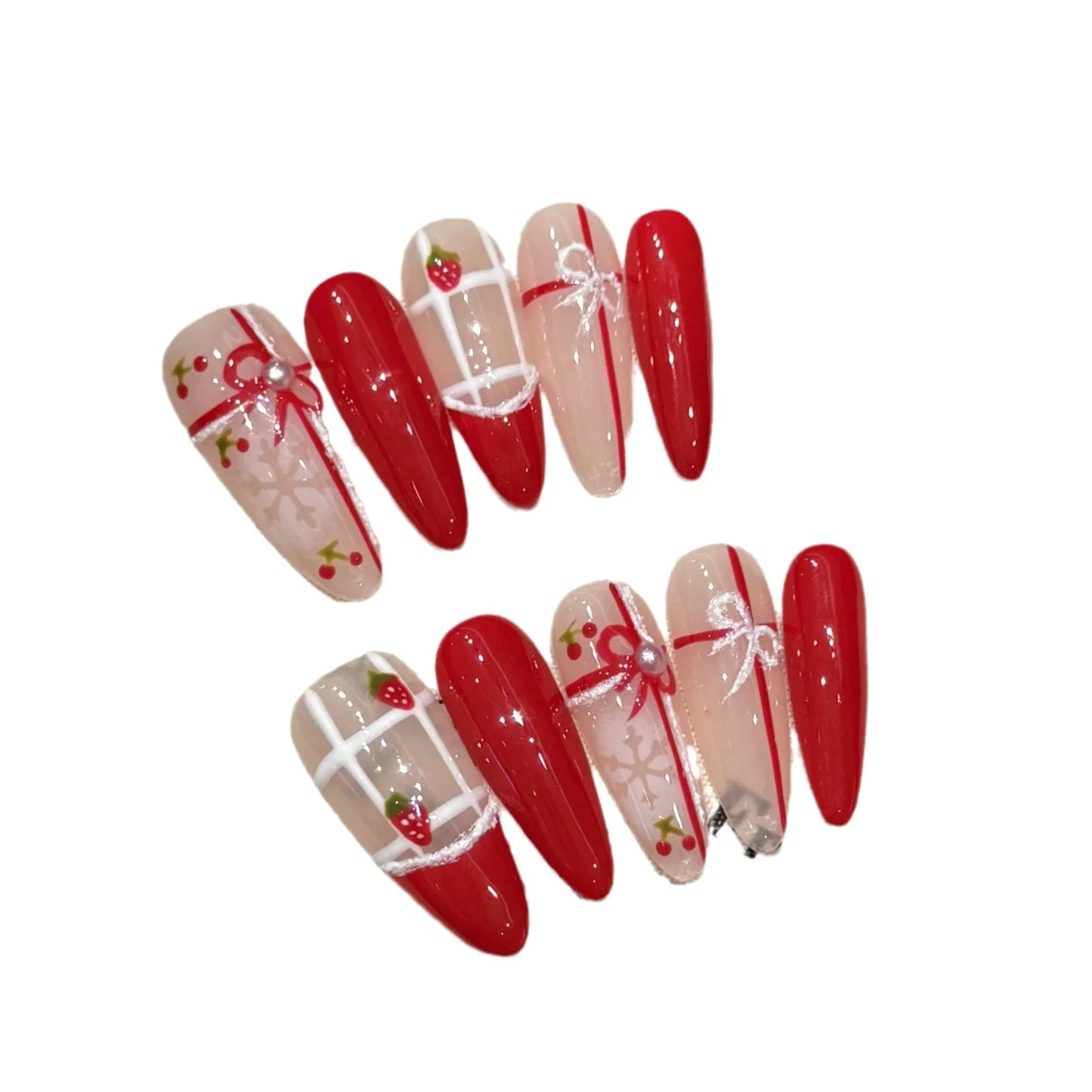 Handmade Long Oval Press on Nails Cherry Strawberry Cute Bow Fake Nails Full Cover Wearable Red Christmas False Nail Patches Peaceful Pleasures Health and Wellness
