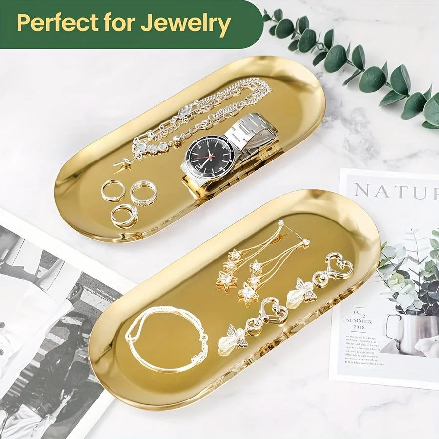 Decorative Metal Vanity Tray – Stainless Steel Jewelry Dish & Perfume Candle Organizer for Bathroom & Dresser Counter Peaceful Pleasures Health and Wellness