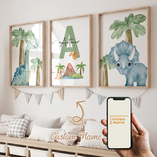 3pcs Personalized Name Cartoon dinosaur Wall Art Print Picture Canvas Poster Painting Living Room Children's Room Home Decor Peaceful Pleasures Health and Wellness GA-N107-3pcs 21x30cm Unframed