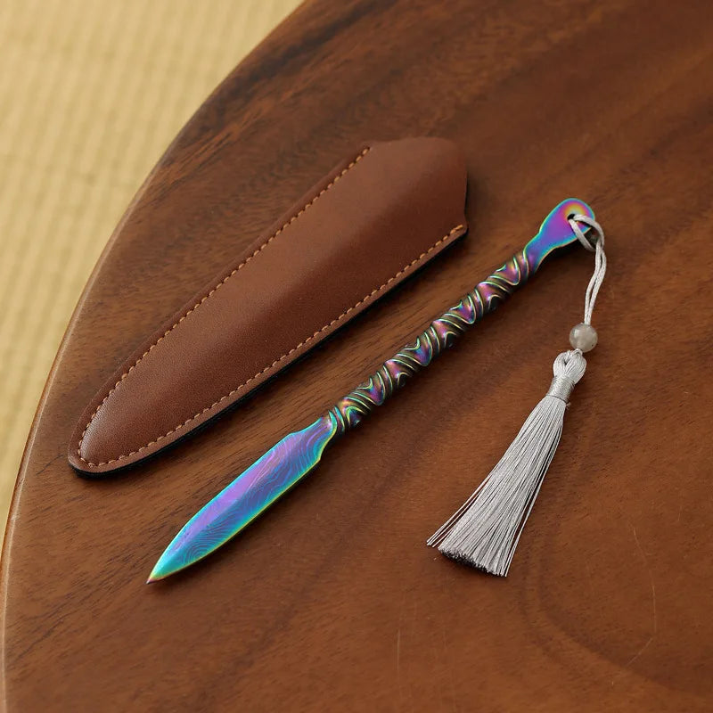 304 tea knife Damascus pattern handmade Pu'er tea needle pry tea tool tea cake tea cone tea set accessories Peaceful Pleasures Health and Wellness B 16.5X1.3cm
