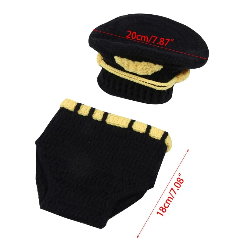Nautical Police Crochet Costume Set 2/3Pcs - Handmade Sailor Style Newborn Baby Boy Photo Outfit with Hat & Booties (0-3 Months) Peaceful Pleasures Health and Wellness Police 2pcs set One Size