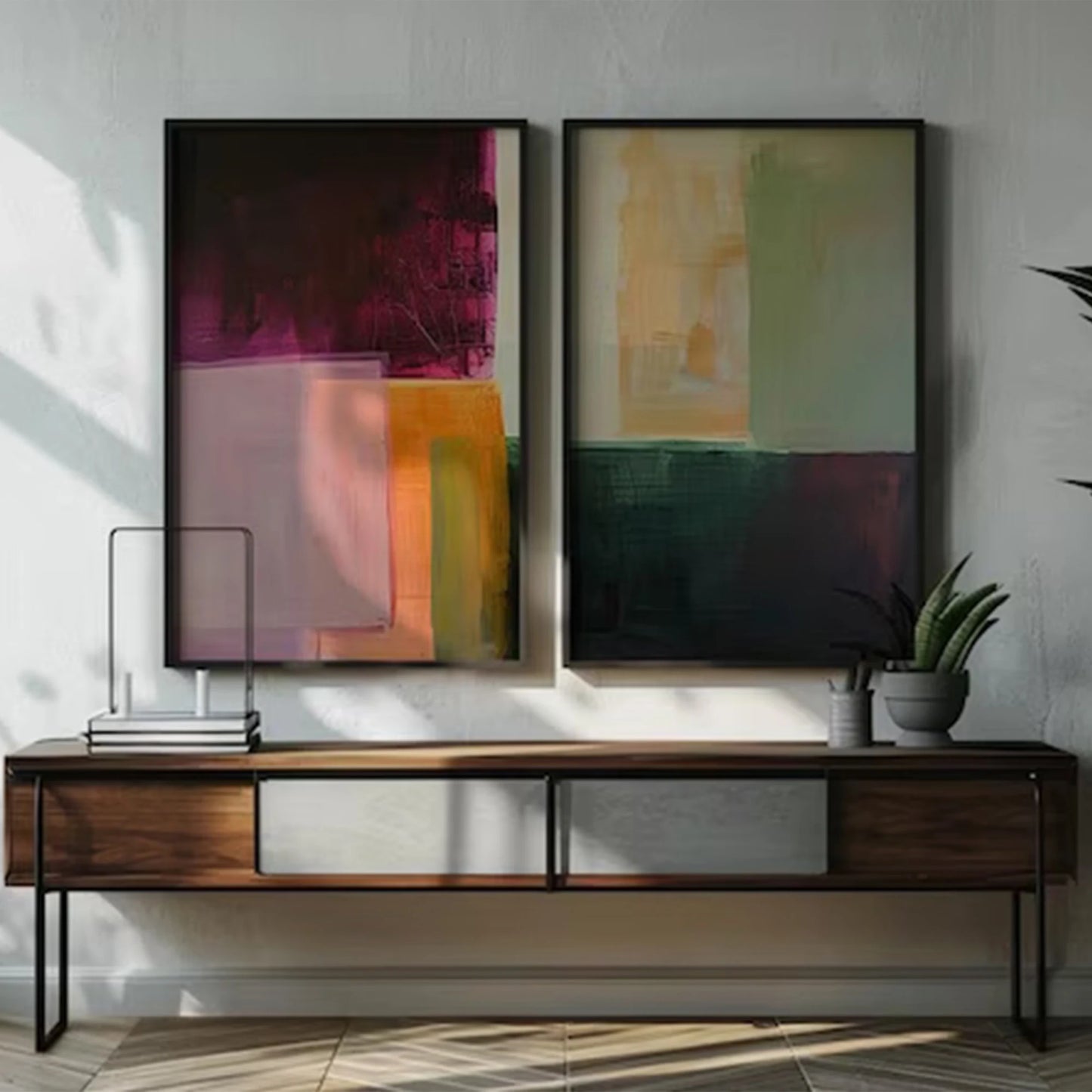Retro Orange & Green Color Block Canvas Wall Art | 2-Piece