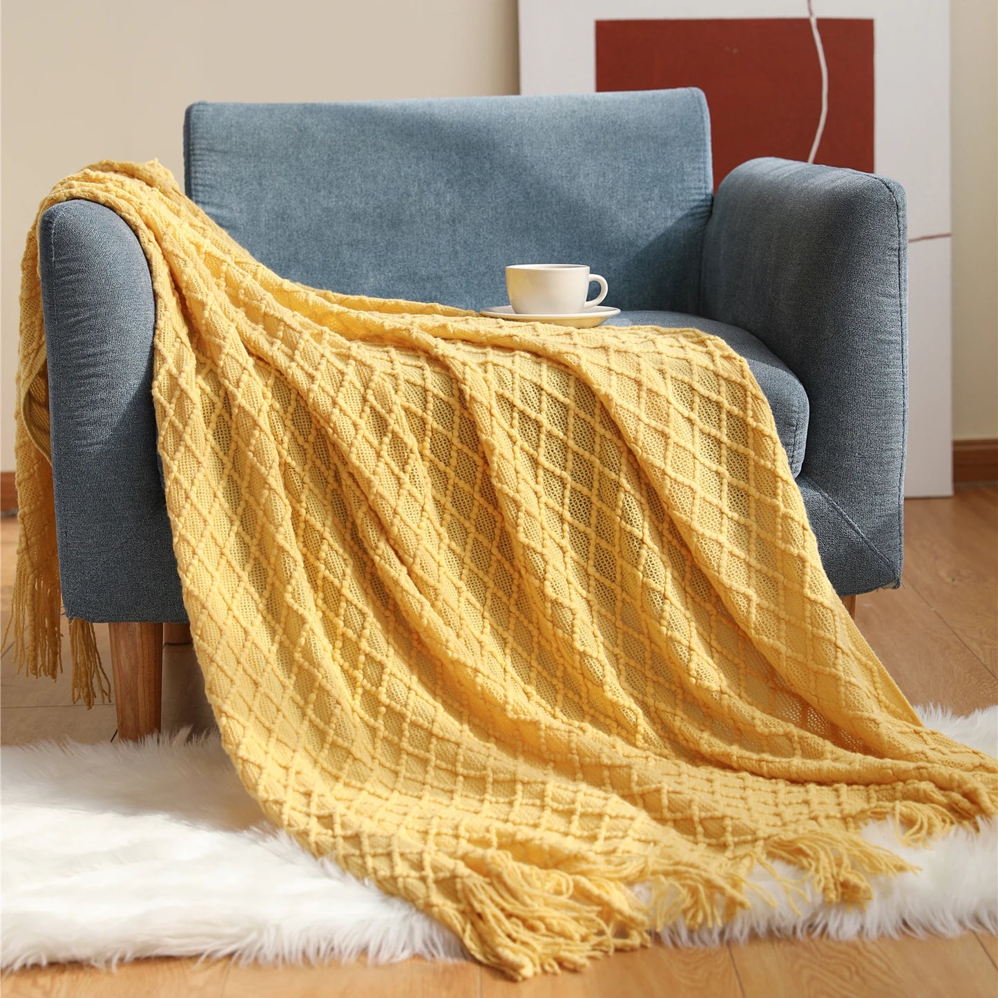 Battilo Orange Red Knitted Throw Blanket Fall Knit Throws for Bed Plaid Bedspread On The Bed Decorative Sofa Blanket Fall Decor Peaceful Pleasures Health and Wellness Yellow 130x200cm