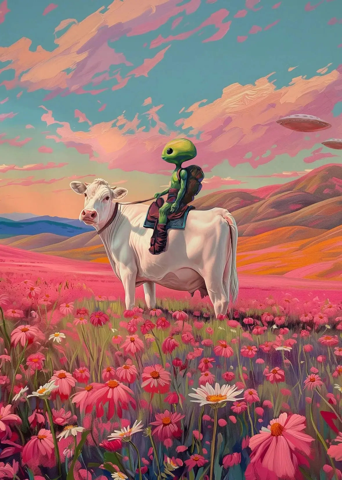 Retro UFO Alien Cow Canvas Poster Disco Ball Cactus Landscape Trippy Wall Art Surreal Aesthetic Home Decor Mural Peaceful Pleasures Health and Wellness