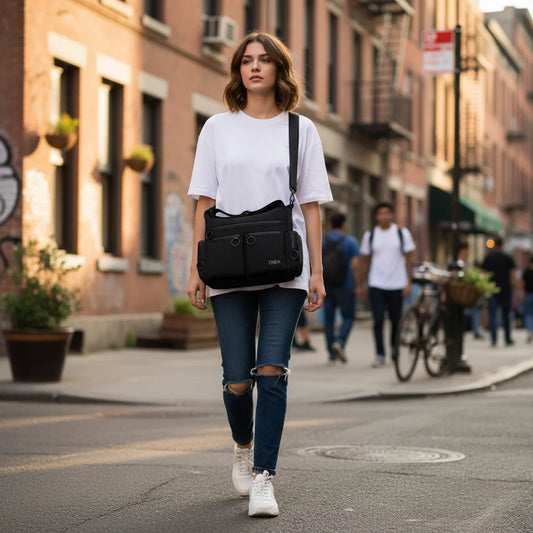 Unisex Multi-Pocket Utility Shoulder Bag Square Design Glossy Material for Casual and Commute Use Peaceful Pleasures Health and Wellness
