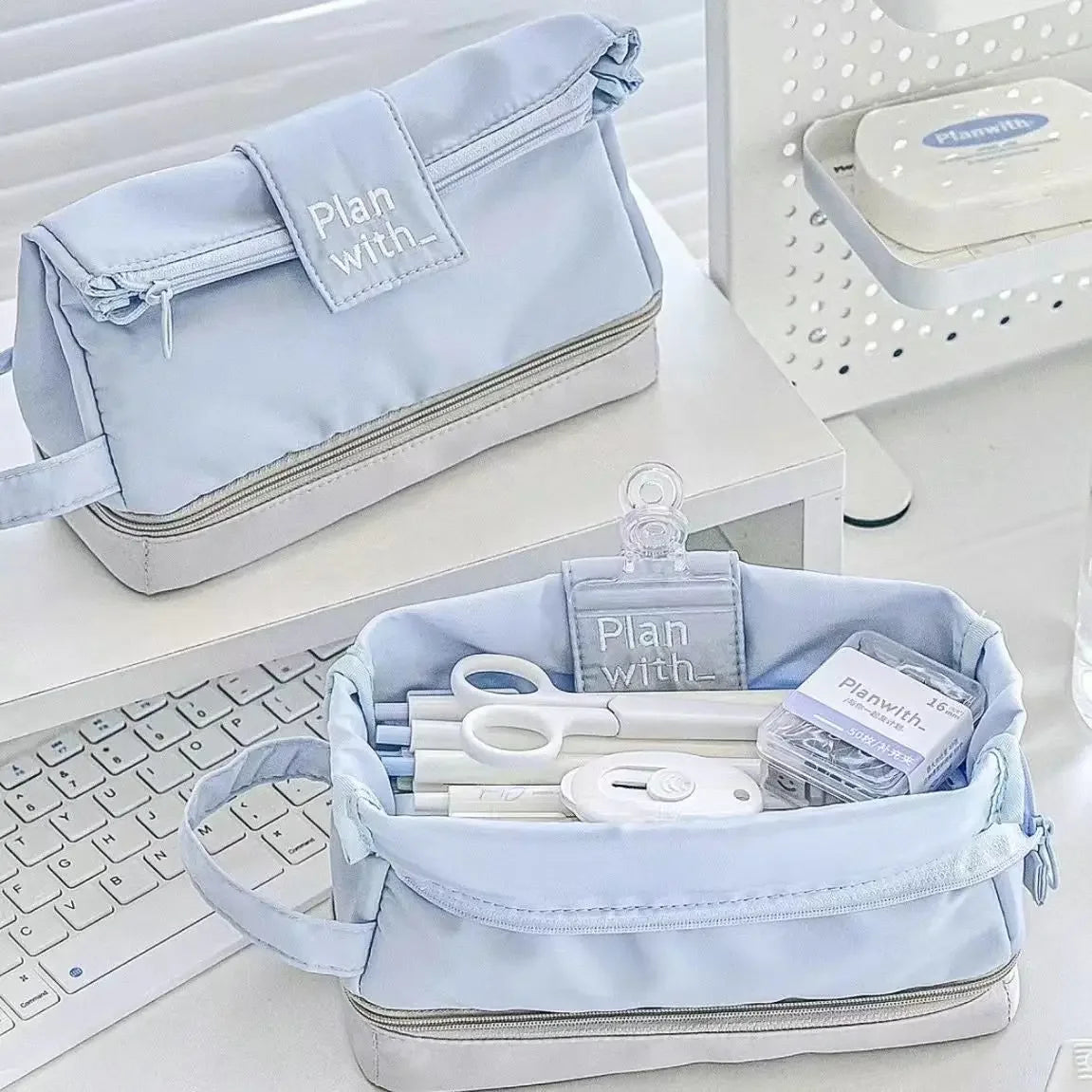 Double-layer Storage Pen Case Simple High Appearance Level Large Capacity Niche Stationery Bag School Supplies Desk Accessories Peaceful Pleasures Health and Wellness Blue -1pcs