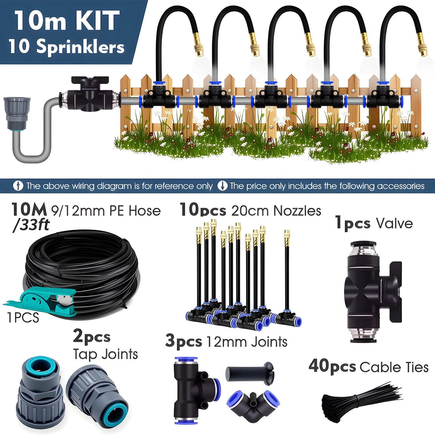 20-5m 3/8" 9/12mm Misting Cooling System Garden Irrigation 80mesh Filter 360° Free-bend Brass Nozzle Adjustable Atomizer Sprayer Peaceful Pleasures Health and Wellness 10m Kit