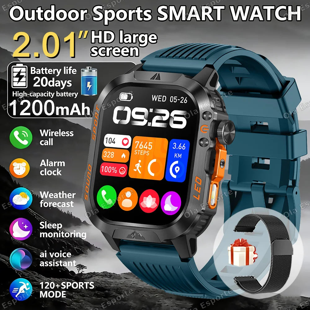 Military Outdoor Smartwatch Men | LED Flashlight, BT Calling