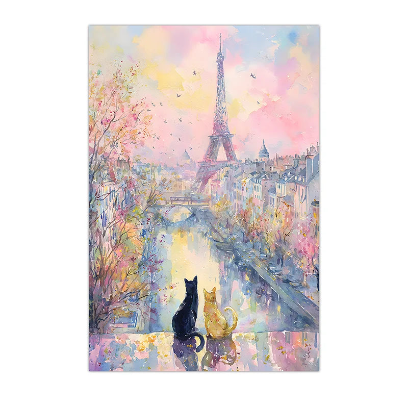 Animal Landscape Wall Art, Paris Eiffel Tower Cat Canvas Painting, Nordic Pastel Poster Print for Bedroom Living Room Wall Decor Peaceful Pleasures Health and Wellness 04 15x20cm No Frame China Mainland