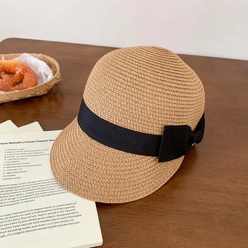 Women's Vintage Straw Sun Hat – French Flat Top Bow Beach Cap
