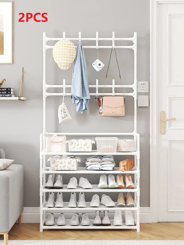 Five Layer Shoe Rack Simple Shoe Rack Integrated Storage Rack Household Shoe Rack Multifunctional Clothes Rack Coat Rack 2-piece Peaceful Pleasures Health and Wellness 2PCS White