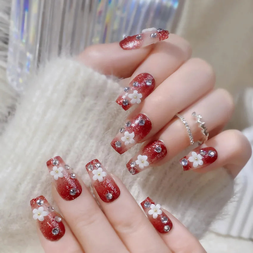 24pcs New Year Heavy Metal Press on Nails Chinese Bride Wedding Fake Nails Full Cover Wearable Shiny Large Crystal False Nails Peaceful Pleasures Health and Wellness style 3