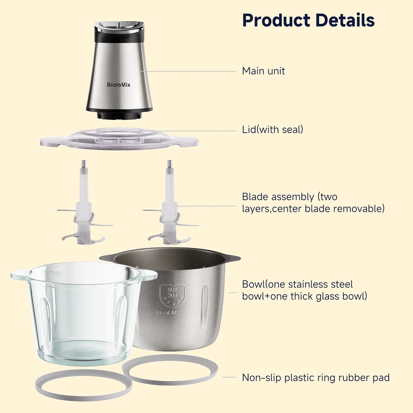 BioloMix Mini Electric Food Chopper 300W – Dual Bowl Food Chopper Peaceful Pleasures Health and Wellness