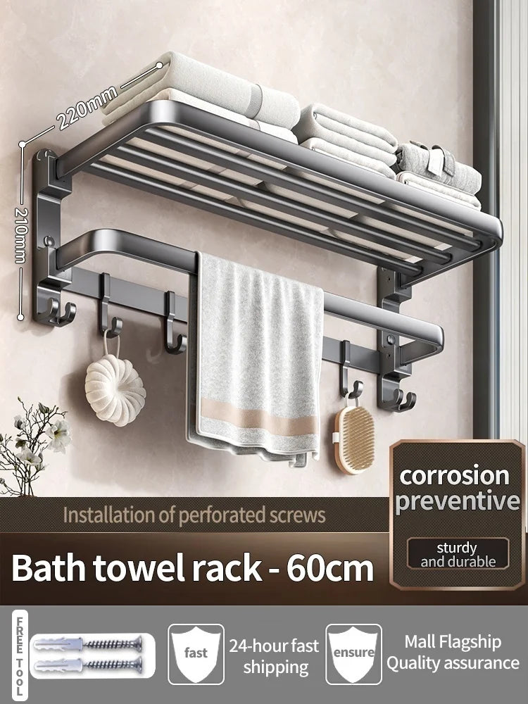 Folding Aluminum Towel Rack with Hook | 50CM & 60CM Grey/Black