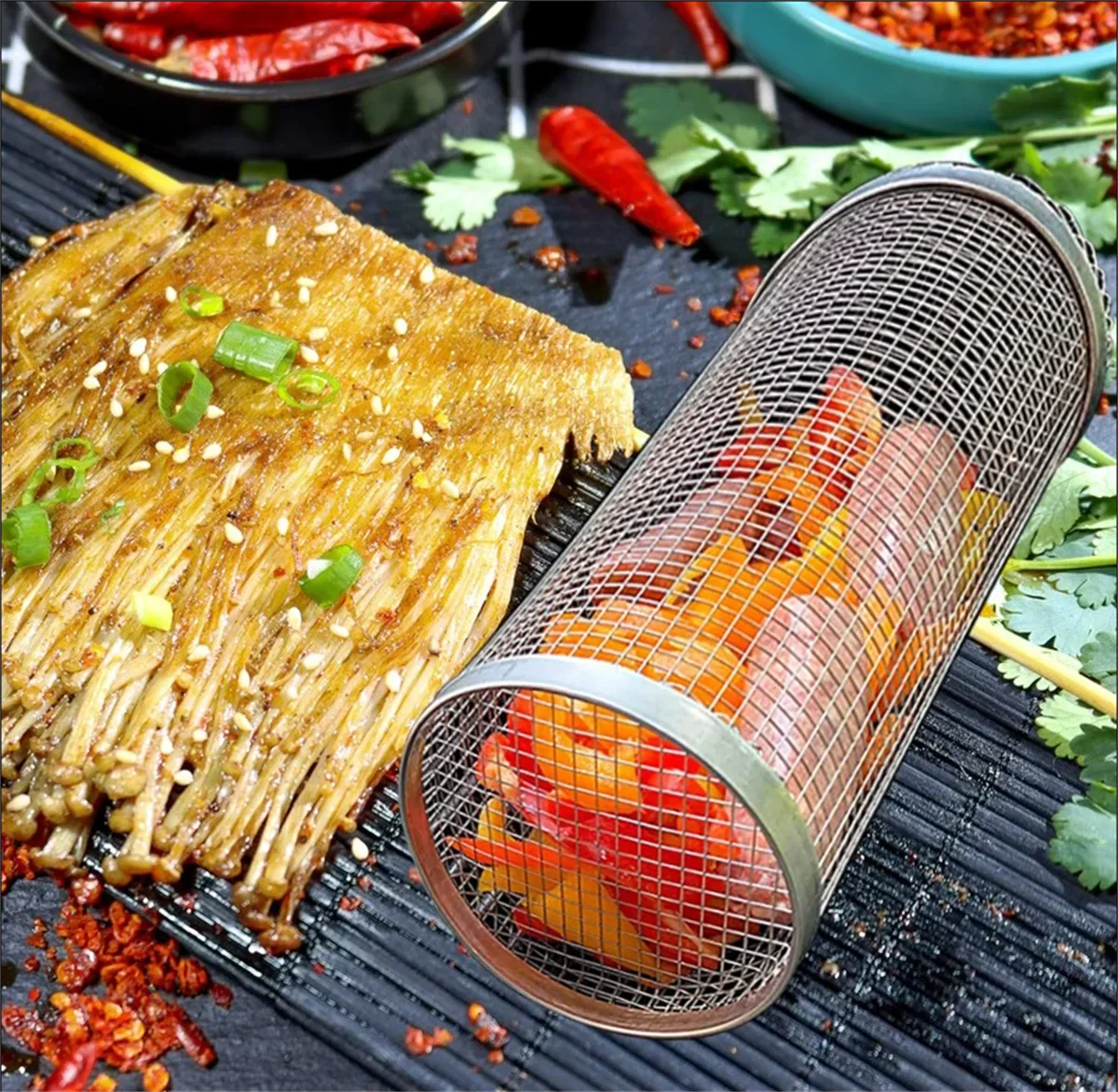 Stainless Steel Rolling BBQ Grill Basket – Camping & Outdoor