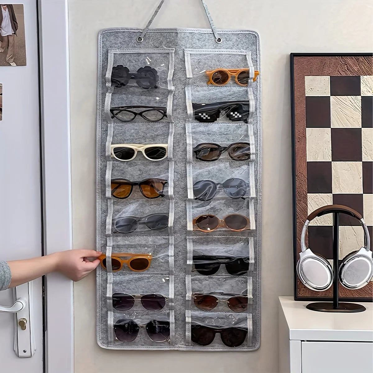 16Slots Felt Eyeglasses Stand Holder Dust Proof Wall-Mounted Pocket Storage for Sunglasses Glasses Display Hanging Bag Organizer Peaceful Pleasures Health and Wellness