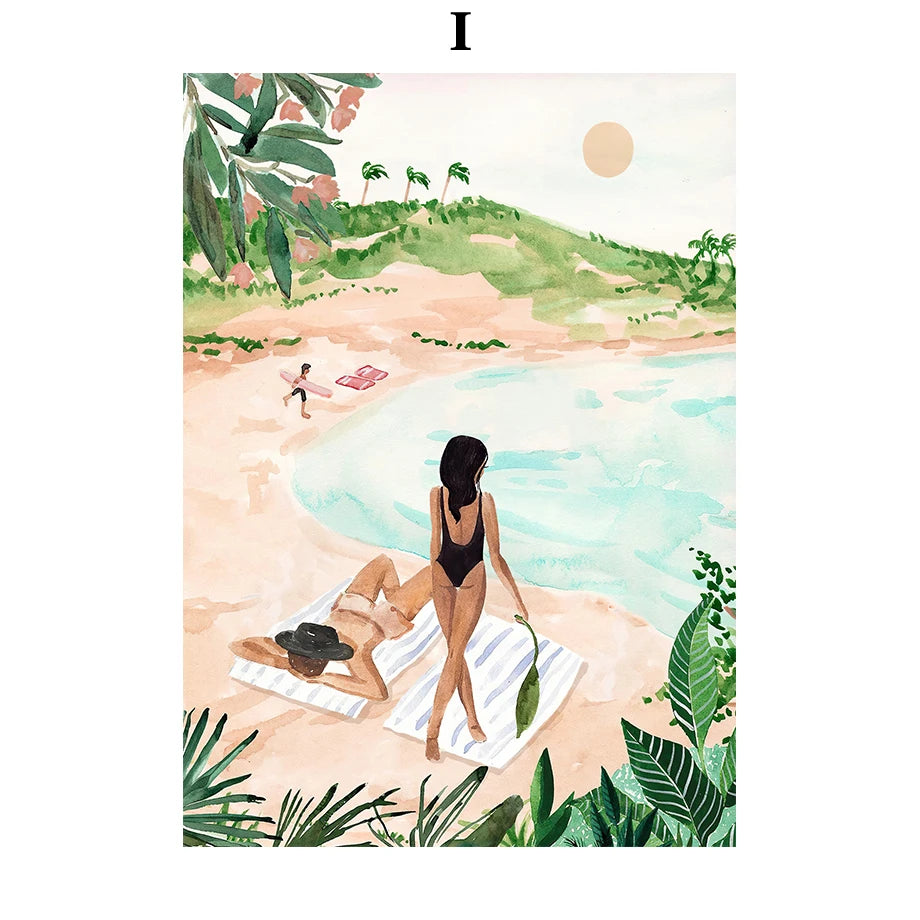 Summer Beach Leisure Holiday Fashion Wall Art Canvas Painting Nordic Poster Room Decor Tropical Watercolor Sunbathe Surfing Peaceful Pleasures Health and Wellness T80396-09 20x30cm Unframed