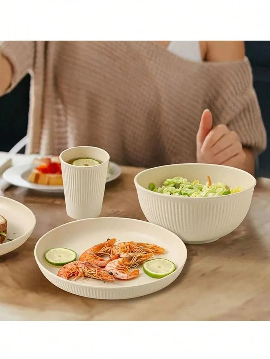 4/8/16pcs Plastic Dinnerware Set Reusable Cup Plate and Bowl Set Suitable for Camper Camping Picnic Dormitory Beige Peaceful Pleasures Health and Wellness