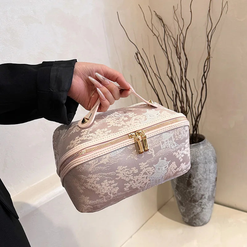 Hot Chinese Style Embroidered Makeup Bag for Women, New Ins Large Capacity Commuting Storage Bag, High-end Handheld Wash Bag Peaceful Pleasures Health and Wellness