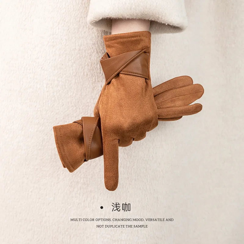 Women's Suede Touchscreen Winter Gloves – Warm Velvet Bow