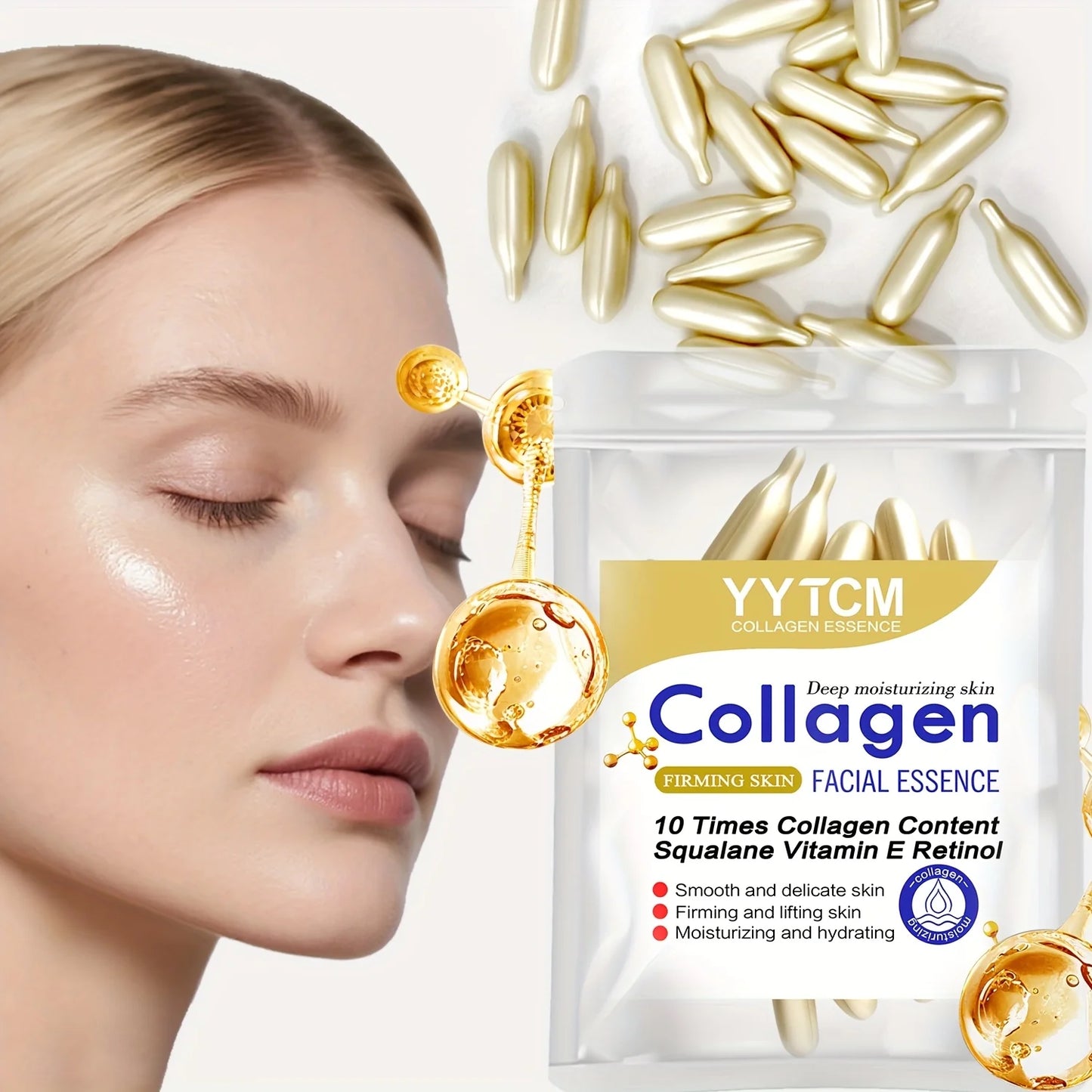 Collagen Firming Capsule Essence, Moisturizing and Smoothing the Skin, Contains Plant-Based Squalane, Retinol, and Vitamin E Deep Hydration Essence (0.4Gx30 Capsules)/Bag-1 Bag Peaceful Pleasures Health and Wellness