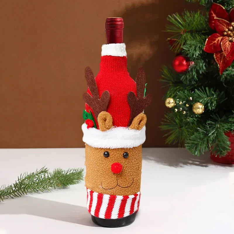 Christmas Decorations Knitted Wool Belts Old Man Wine Bottle Covers Set Table Decorations Kitchen Cute Cartoon Decorations New Peaceful Pleasures Health and Wellness Deer 3 PCS