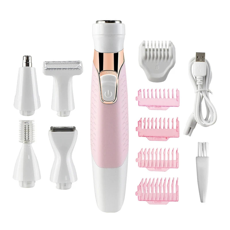 The New Professional Rechargeable Ladies Waterproof IPX5 Portable Electric 5-in-1 Body and Facial Hair Remover Peaceful Pleasures Health and Wellness Pink USB Type-C