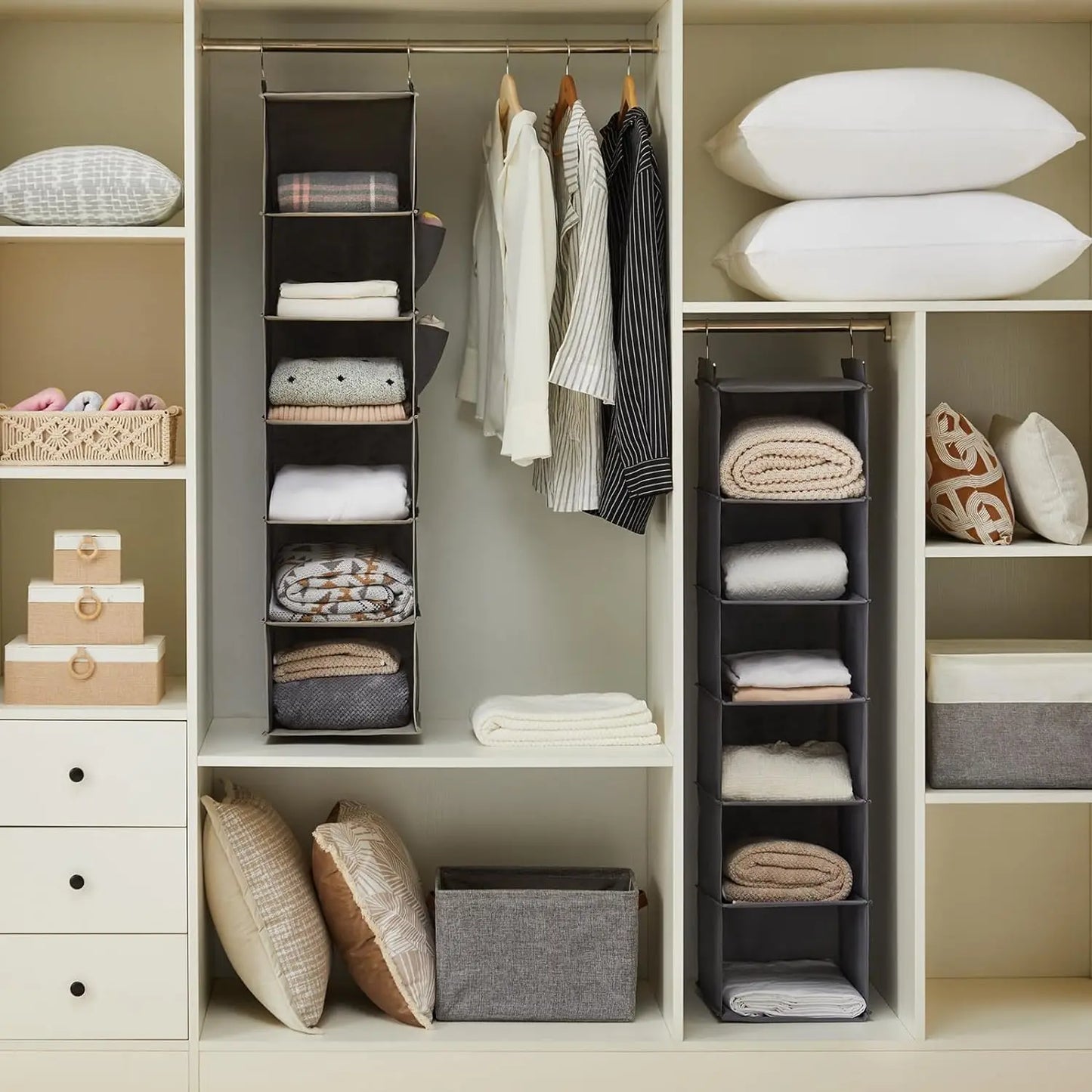 Organized closet with shelves, clothes, and bedding