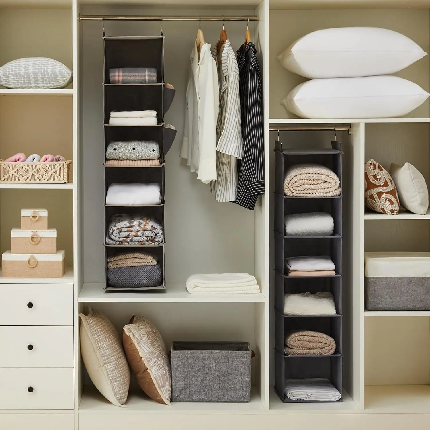 Organized closet with shelves, clothes, and bedding