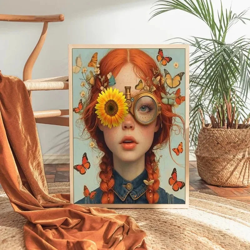 3pcs Nordic Boho Fashion Glasses Woman with Flowers Wall Art Canvas Painting Butterfly Girl Portrait Poster Prints Mural Picture Peaceful Pleasures Health and Wellness ZLH3129-D 30x45cm Unframed