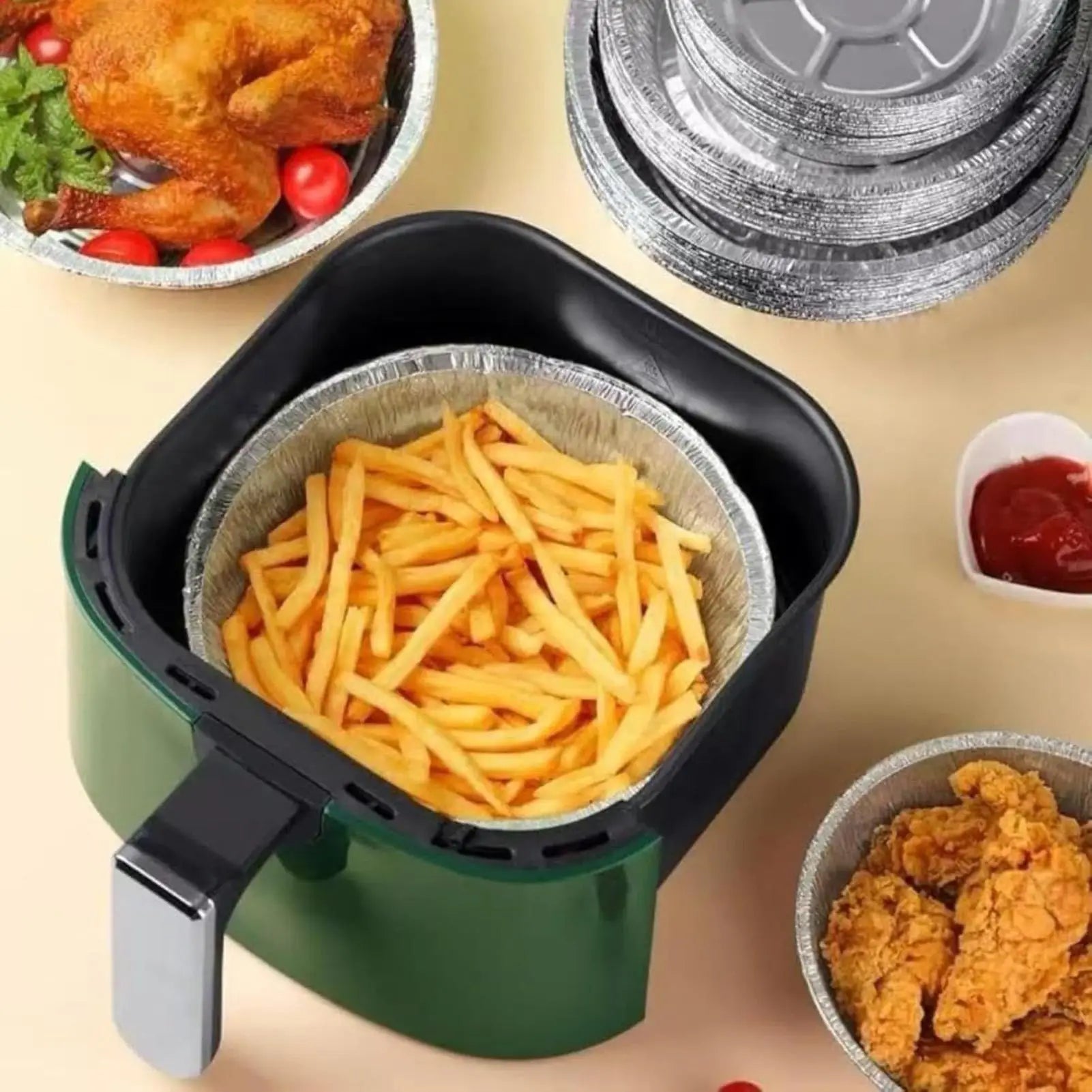 Air Fryer Sheets Liners 50 Pieces Aluminum Foil Tray Round Oil-proof Air Fryer Basket Liner For Bakeware Microwave Toaster Oven Peaceful Pleasures Health and Wellness