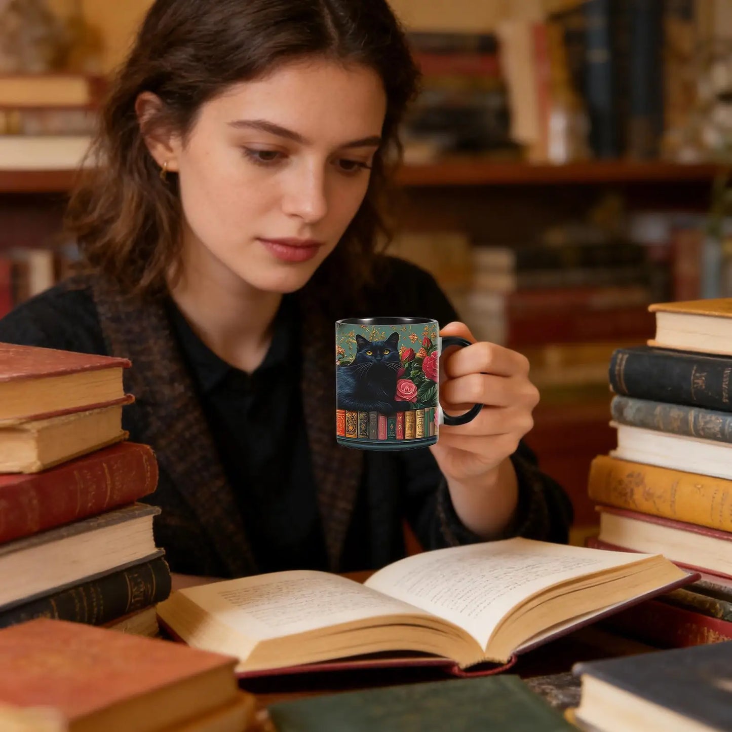 Ceramic Bookshelf Coffee Mug 350ml Heat-Resistant Drinkware Cup for Book Lovers for Chocolate Tea Water Juice Home Dorm Peaceful Pleasures Health and Wellness