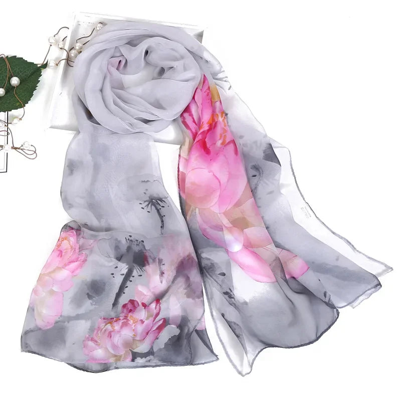 Women's Ink Lotus Chiffon Scarf – Lightweight Floral Print