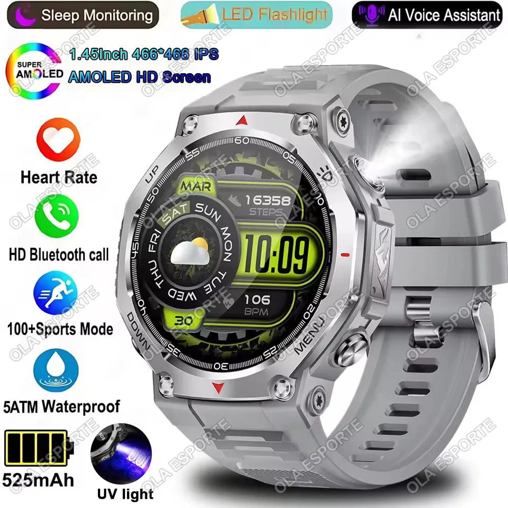 Military-Grade Outdoor Sports Smartwatch 520mAh GPS LED Flashlight Bluetooth Call Fitness Tracking Heart Rate Smart Watch Men Peaceful Pleasures Health and Wellness Silver