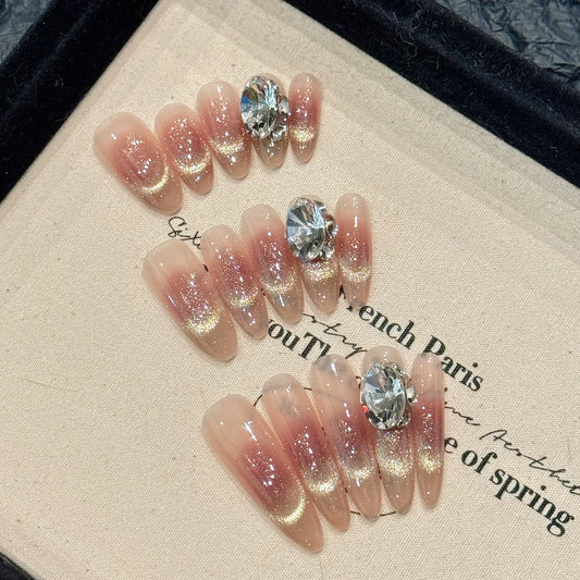 Handmade Press on Nails Sweet Shiny French Cat Eye Fake Nails with Large Diamond Wearable Full Cover Glitter Fashion Fake Nails Peaceful Pleasures Health and Wellness