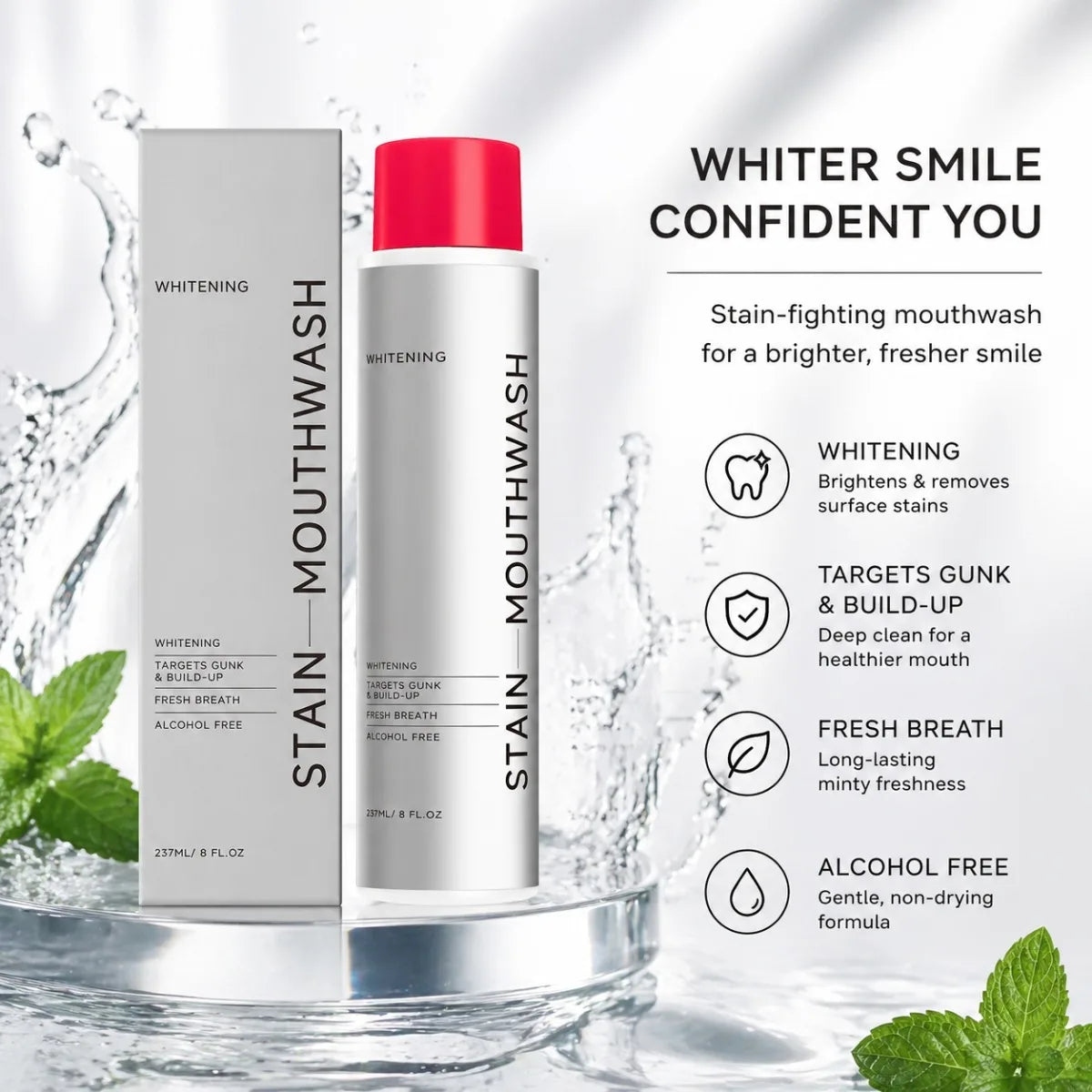 Alcohol-Free Whitening Mouthwash – Stain & Plaque Remover 237ml