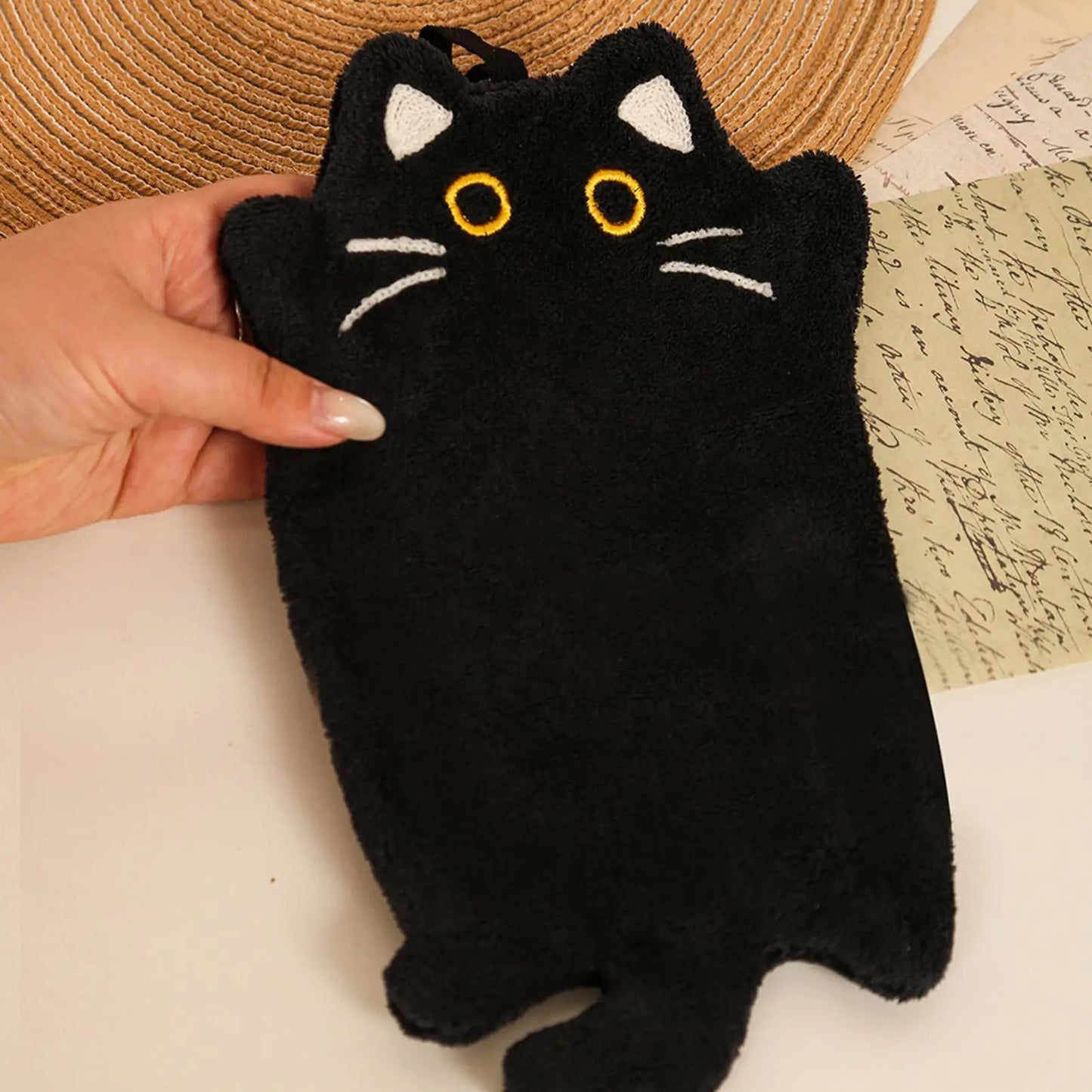 Cute Cat Hand Towel – Coral Fleece Hanging Bathroom Towel