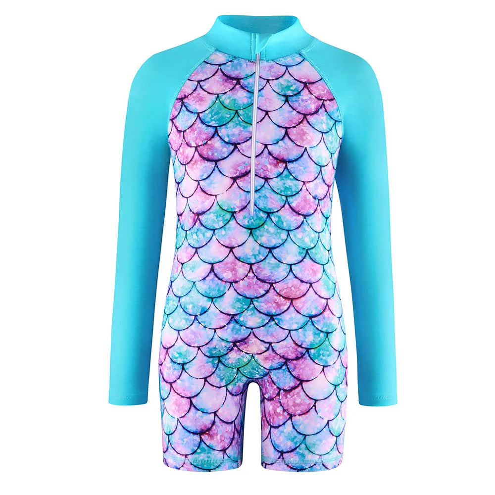 Swimsuit Children's summer mermaid girls one-piece Long Sleeve Swimming Beach Wear Kids Children Sports quick drying swimsuit Peaceful Pleasures Health and Wellness Cyan 2 120(5Y)