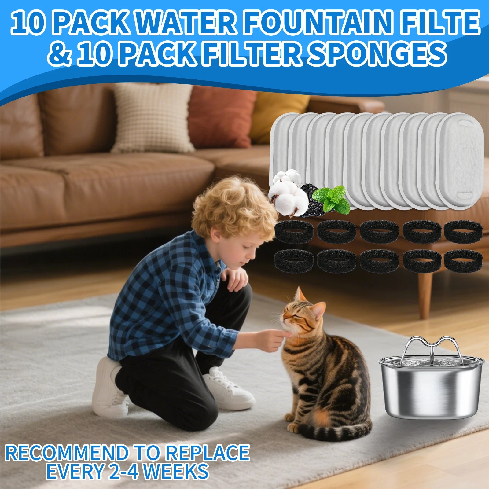 10PCS/20PCS Cat Water Fountain Activated Carbon Dog Water Bowl Dispenser Replacement Filters with Sponges for Home Pet Hydration Peaceful Pleasures Health and Wellness