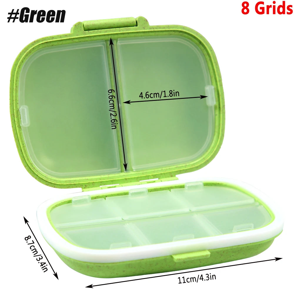 1Pcs Pill Case Portable Small Weekly Travel Pill Organizer Portable Pocket Pill Box Dispenser for Purse Vitamin Fish Oil Pillbox Peaceful Pleasures Health and Wellness 8 Grids-Green