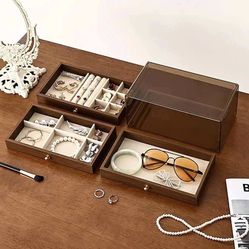 3-Layer Jewelry Box Organizer | Glass Window & Olive Green Leather