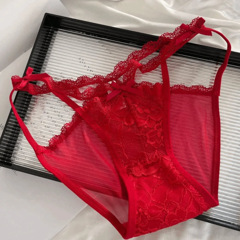 Women's Lace Bow Briefs | Seamless Mesh Mid-Rise Panties Lace Briefs Peaceful Pleasures Health and Wellness Red One Size 1pc